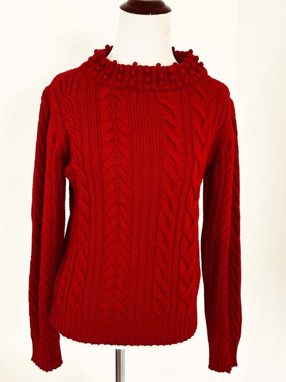 MAXMARA WEEKEND Size M Red Mock Neck Sweater Pom Pom Cable Knit Italy Fisherman